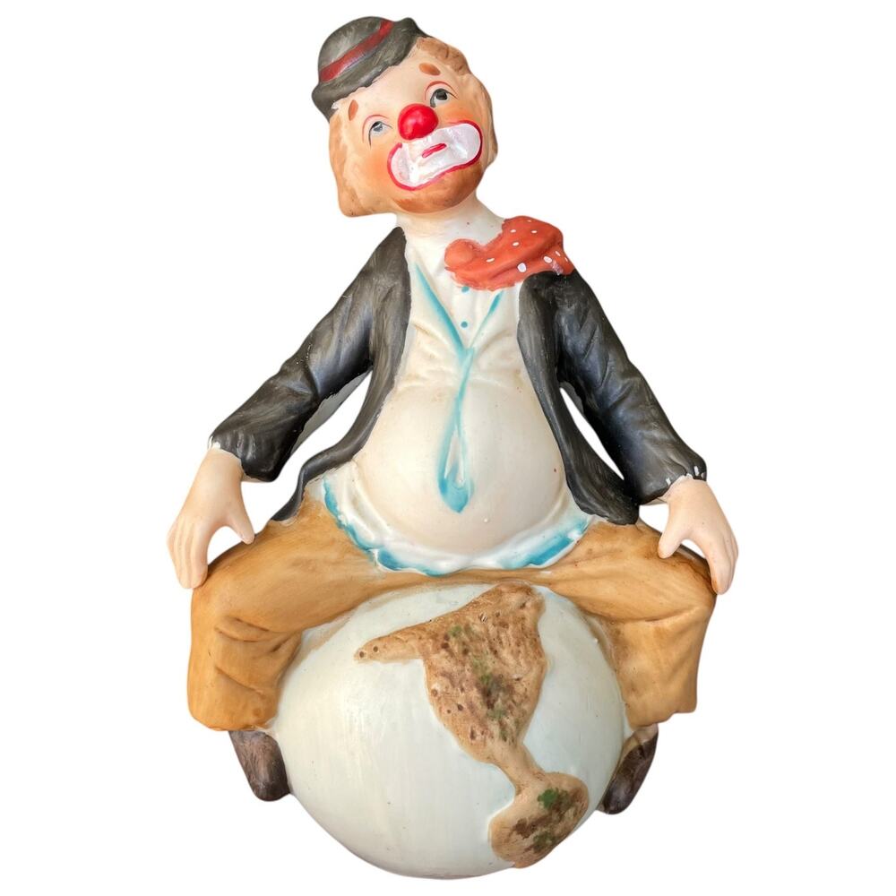 Albert E Price Clown Sitting On Globe Vintage 1980 Sad Hobo Porcelain Figurine